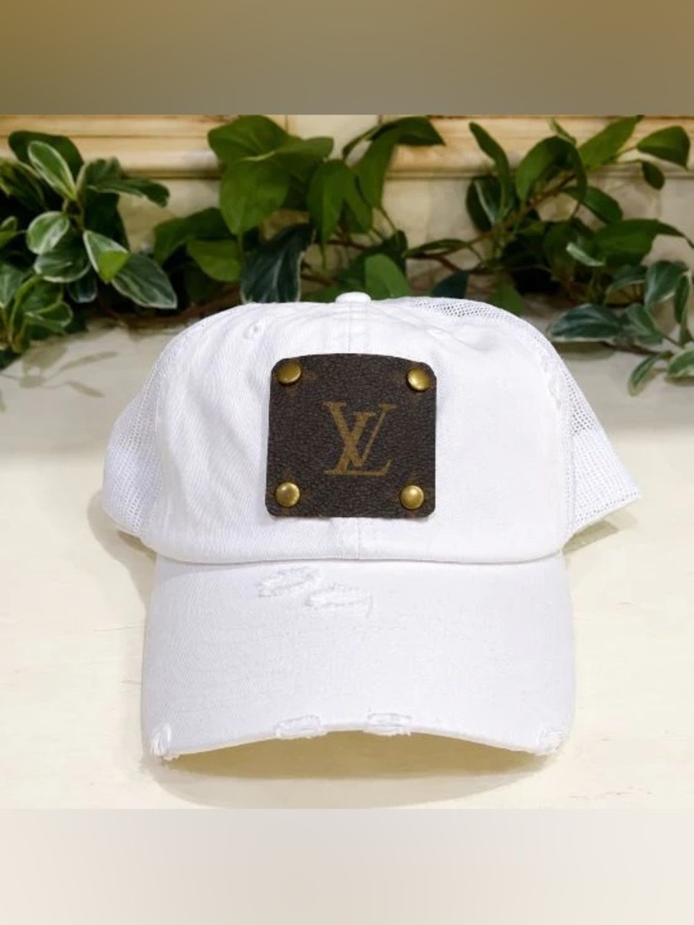 BRAND NEW WITH TAGS Upcycled Designer Patch Distressed White Trucker Hat